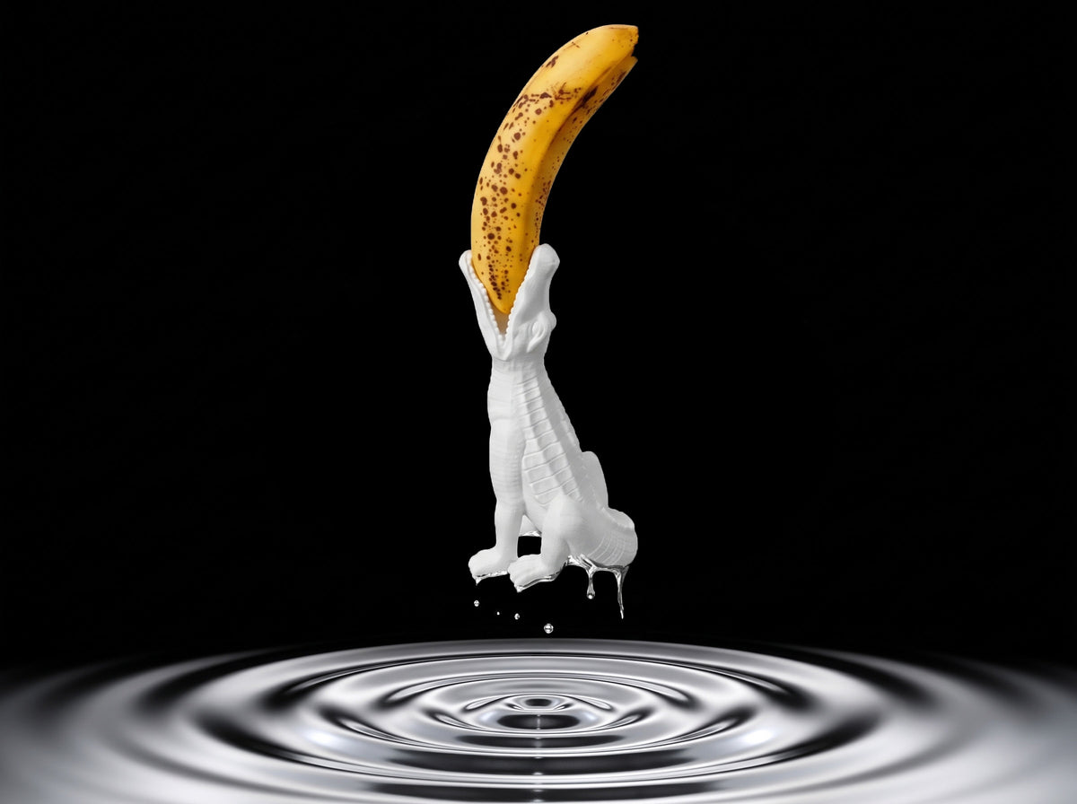 White 3D printed crocodile banana holder holding a ripe banana in its jaws