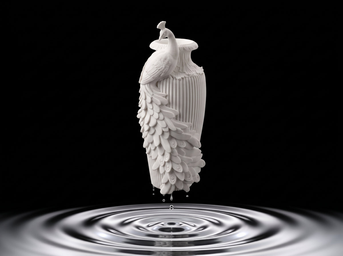 3D printed bird-shaped vase holding dried stems