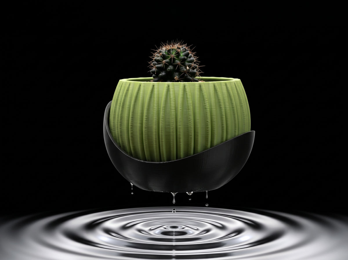 Three 3D printed fluted planters in sand, ochre and terracotta holding a fittonia, a cactus and a croton