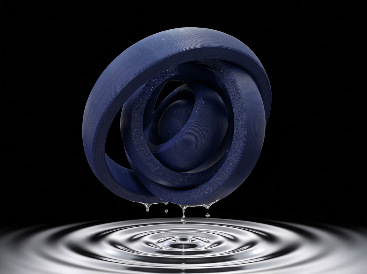Three nested 3D printed rings forming a kinetic gyro fidget toy in dark blue