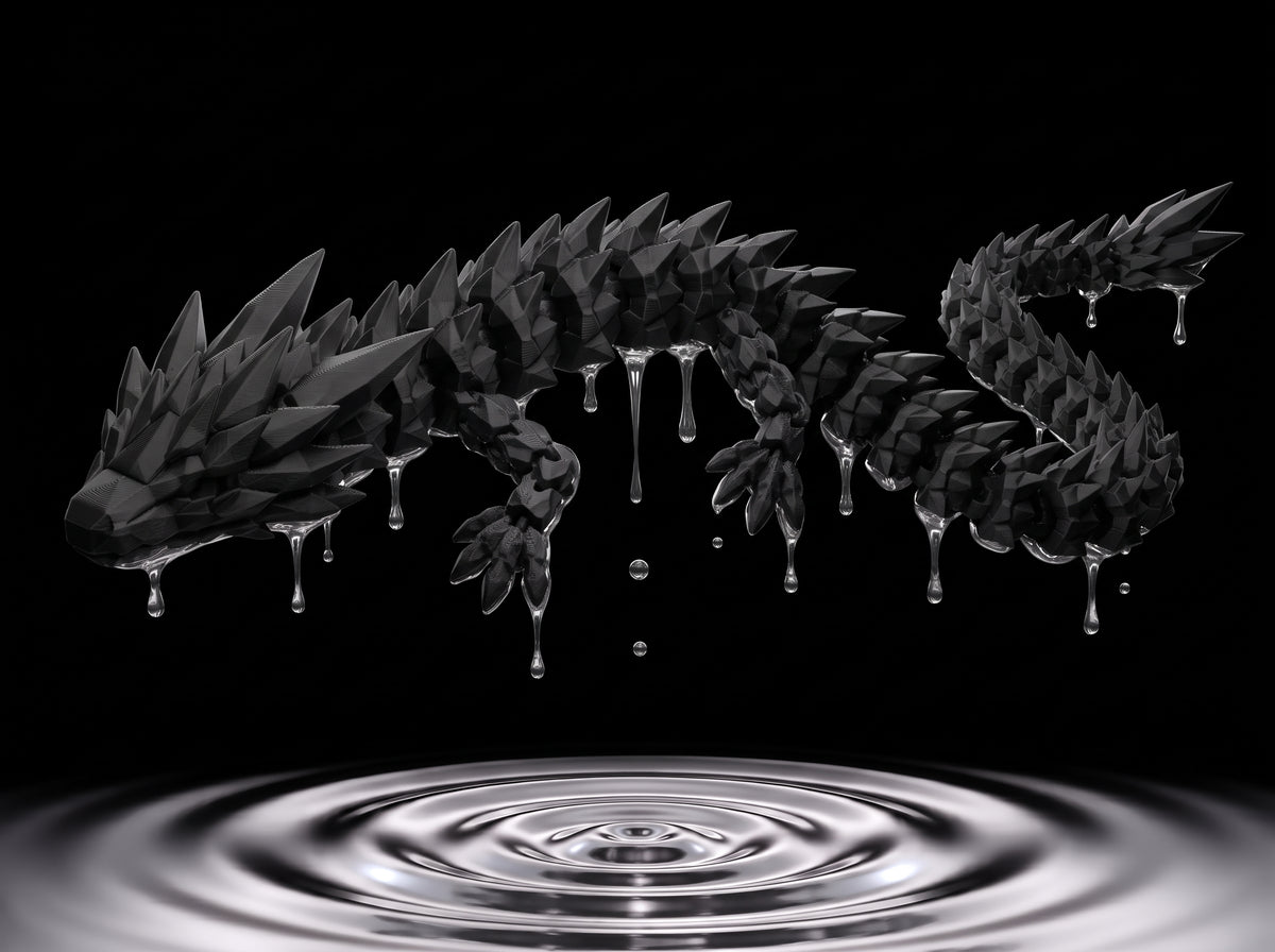 Long 3D printed articulated dragon with segmented body, ridged spines and moveable joints